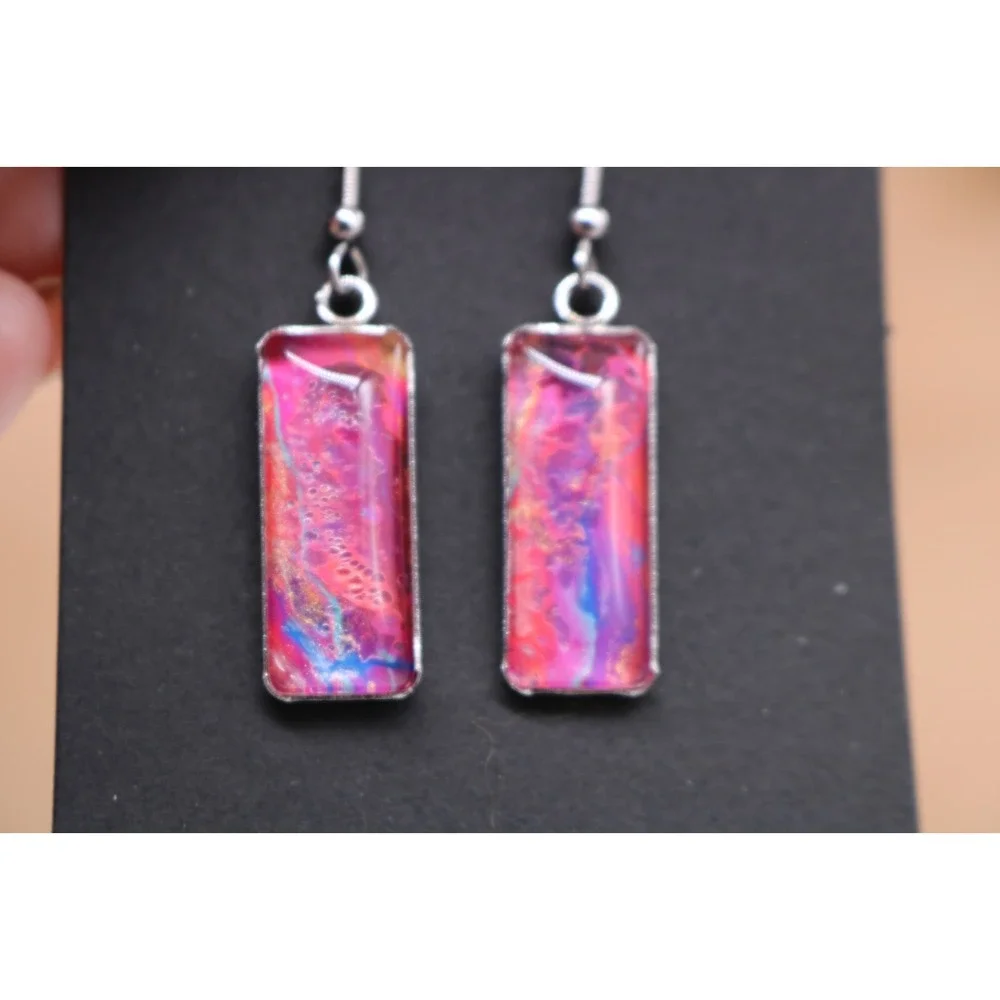 Handmade Earrings-Stainless Steel-Glass-Paint Drip-Paint Pour-Fluid Art